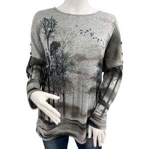 JESS & JANE Small Tunic Top Gray Forest Nature Print Inspiration Slinky Knit Art